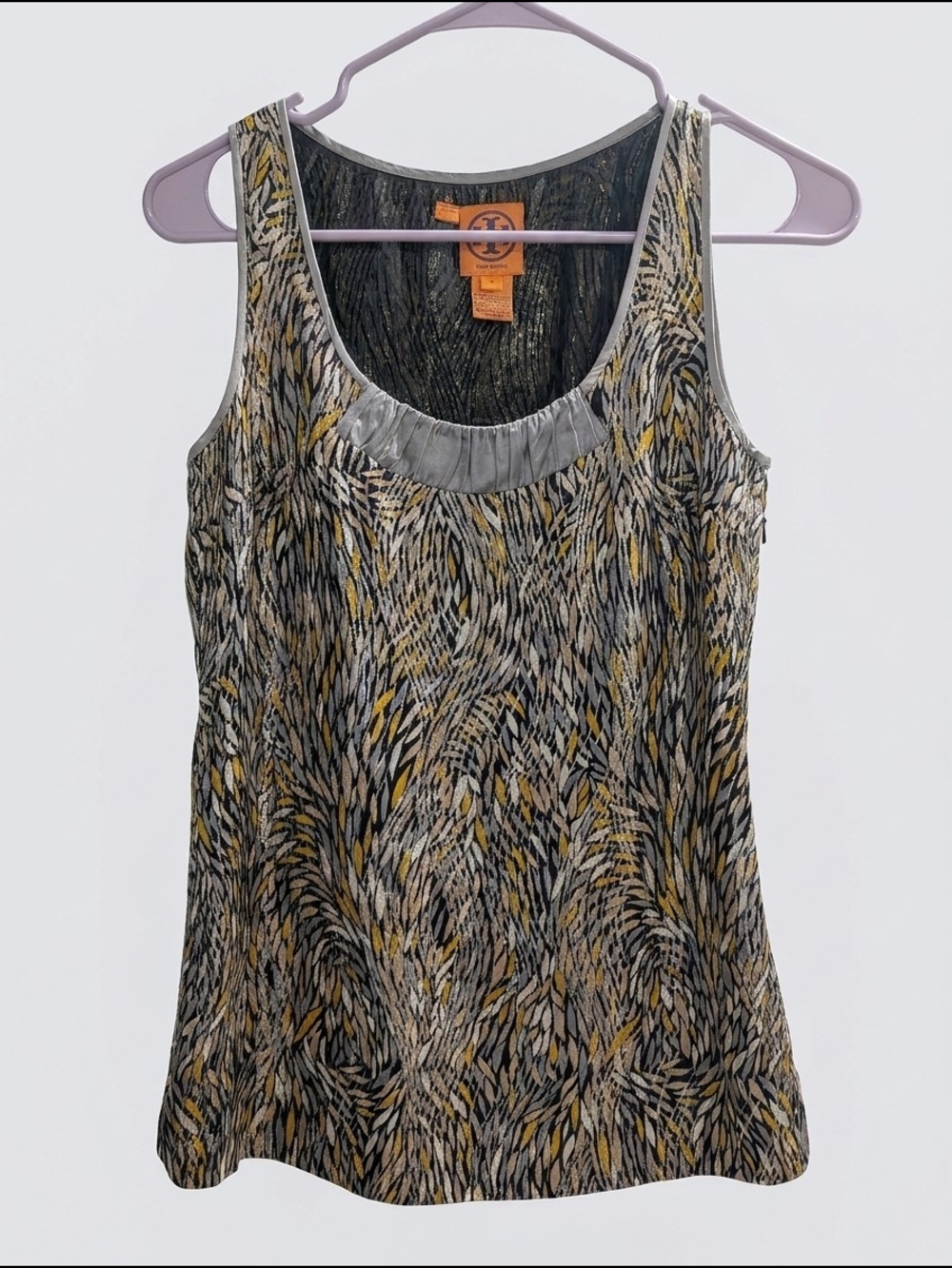 Tory‎ Burch Silk Blend Printed Tank Top Women's Size 0 Gray Gold Sleeveless